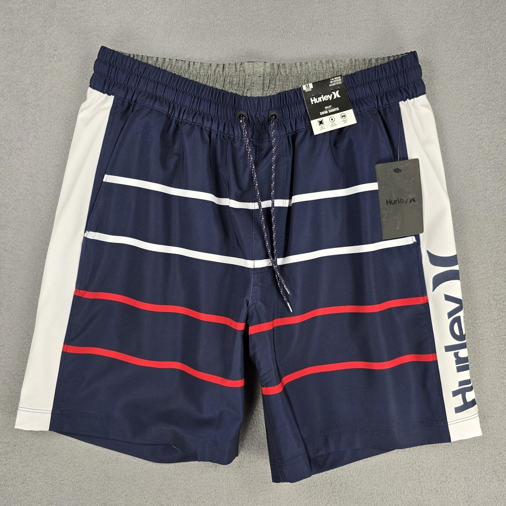 Hurley Swim Trunks Shorts Mens Medium Blue Drawstring Stripe Dunes Volley Lined